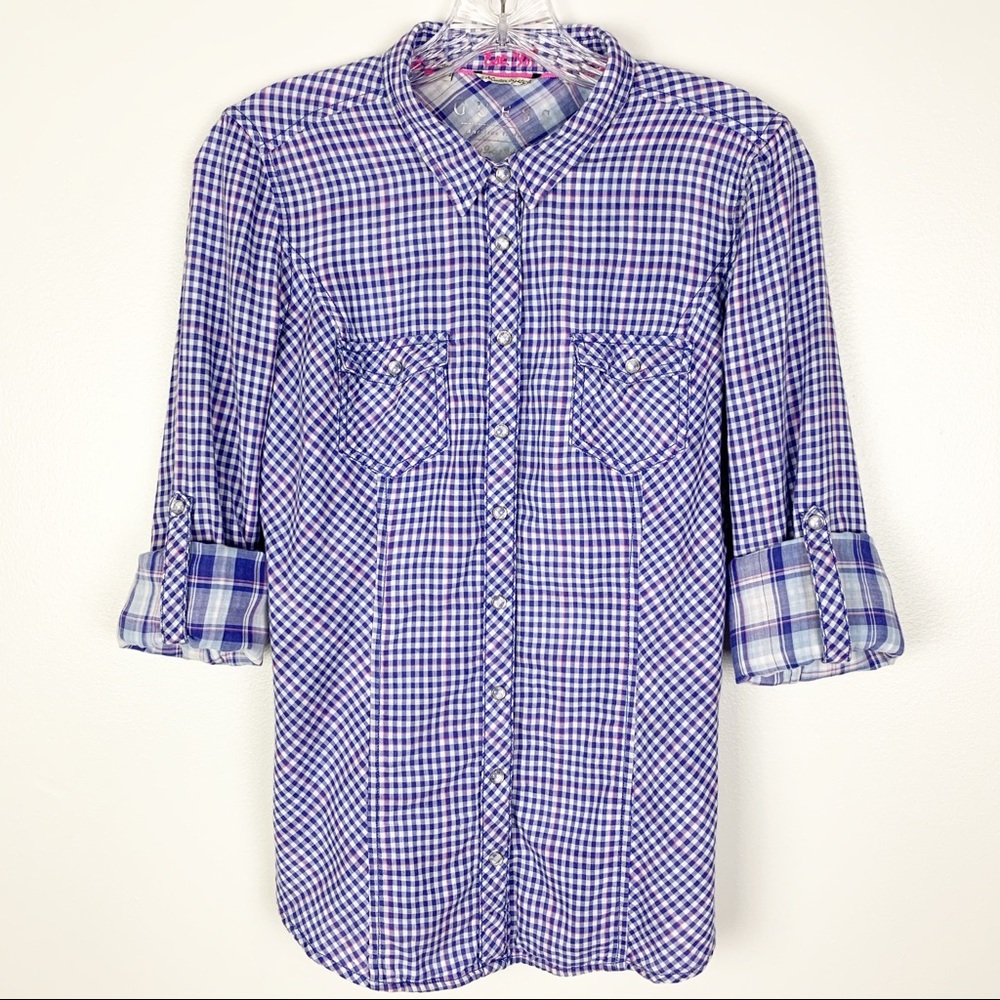 Guess Snap Up Roll-Up Snap Sleeve Top Purple S D3